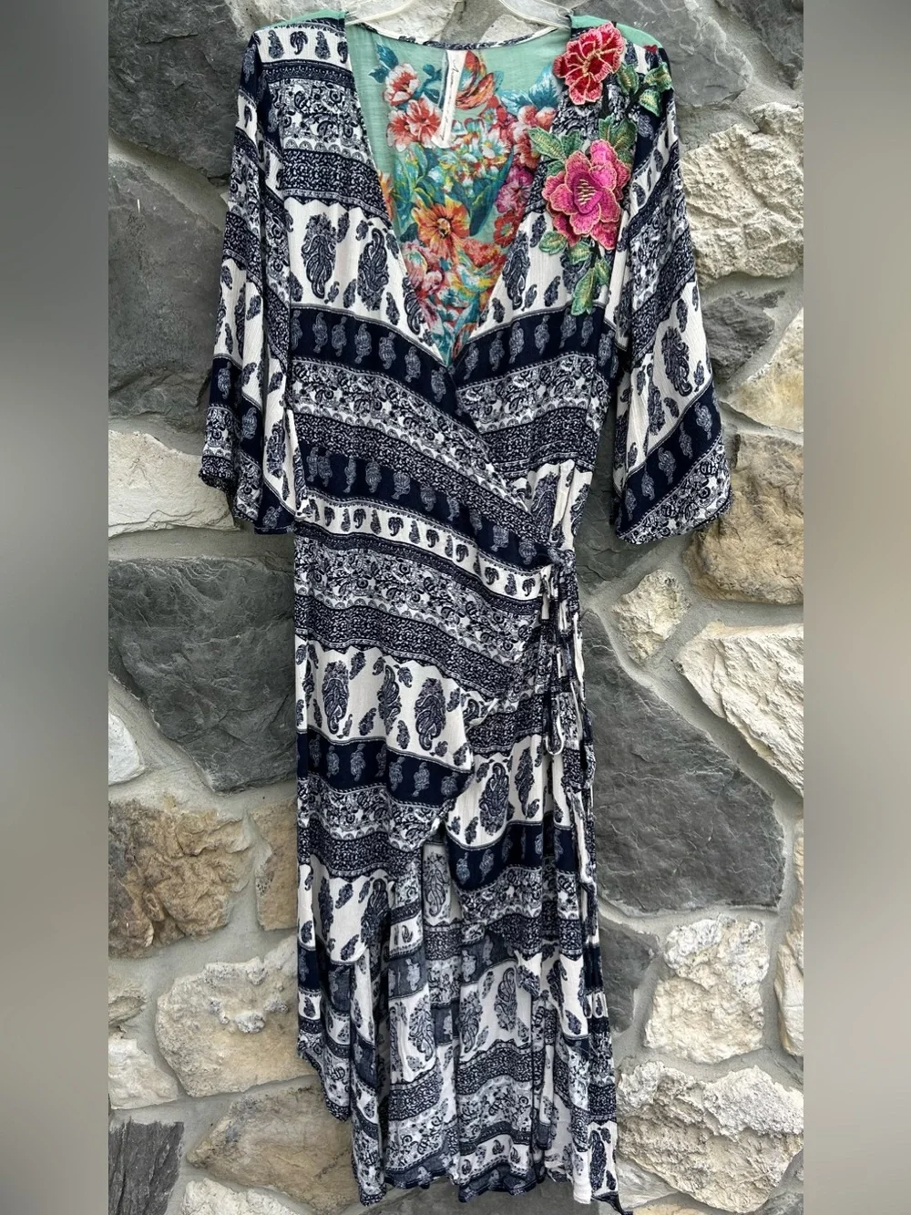 Aratta Silent Journey Bohemian Wrap Dress Size L Floral Paisley Peasant Hippie